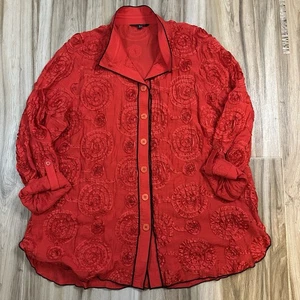 JOHN MARK rote Tunika Gr. XL 3D Blumen Knopfleiste Salatsaum Urlaub Karriere Party - Bild 1 von 10