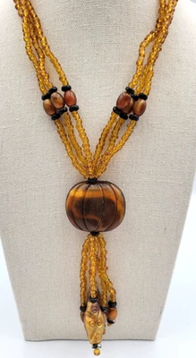 Fall Color Resin Pumpkin & Beads Tassel Necklace Multi Strand Orange Browns - Image 1 of 4