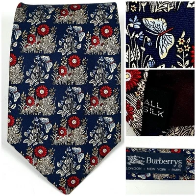 Corbata de colección Burberry roja azul mariposa flor patrón floral seda para hombre Foto 1 de 4