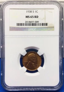 1938-S Lincoln Cent Wheat Penny - **NGC MS65RD**  - Bright Wheat NGC Certified - Picture 1 of 6