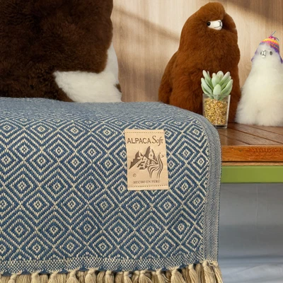 Alpaca Wool Blanket Blue 200x140cm Soft Sofa Blanket from Peru - Image 1 of 3