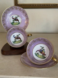 2 Gorgeous Copeland Spode Tea Cup & Saucer Sets Chelsea Birds Lilac & Gold - Picture 1 of 16