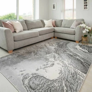Grey Marble Effect Rugs Swirl Textured Soft Living Room Rug Designer Runner Mat - Picture 1 of 18
