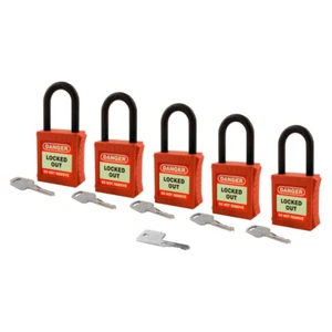 Lockout vollisoliertes Nylon Vorhängeschloss - Schlüssel verschieden + Master - 5er Pack (rot) - Bild 1 von 1