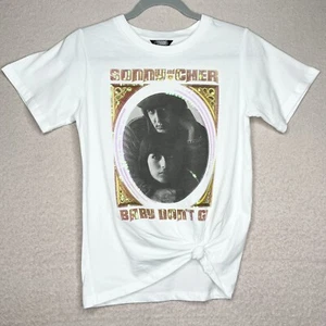 Sonny & Cher Sequin Graphic Tee Shirt-Youth M-White/Black-70s-Retro-Knotted-NEW - Picture 1 of 8