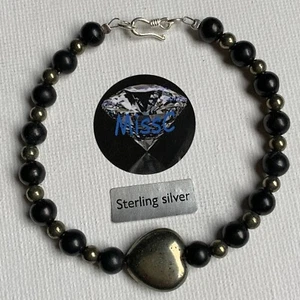 SHUNGITE AND PYRITE HEART STERLING SILVER BRACELET HANDMADE IN UK, STAMPED - Picture 1 of 7