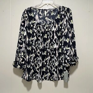 NY Collection Large Roll Tab Sleeve Tunic Top V Neck Ink Varnish Color NEW - Picture 1 of 7