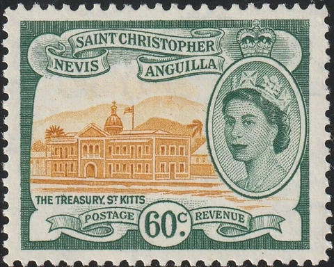 ST. KITTS NEVIS 1954 SC# 131 60c deep green & ocher Treasury, St. Kitts ' Cover