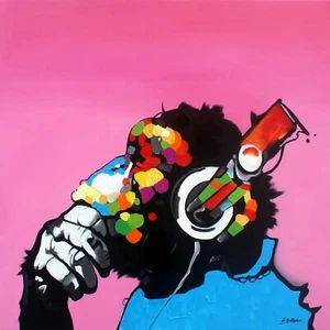 Home Deco Kunst handgemalt abstrakt denkender Affe mit Kopfhörer Ölgemälde - Bild 1 von 5