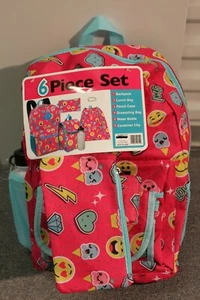 6 PIECE EMOJI BACKPACK & LUNCH SET Pink Girls Bag Pencil Case School Cute NEW - Picture 1 of 5