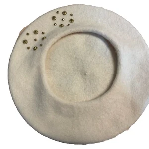 Vintage Basque Beret South Africa Women’s Winter Wool Cream W Brass Studs - Picture 1 of 7