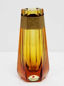 Vintage Moser 6-1/4" Vase Bernstein Glas achteckige Vase mit vergoldetem Band - Bild 1 von 6