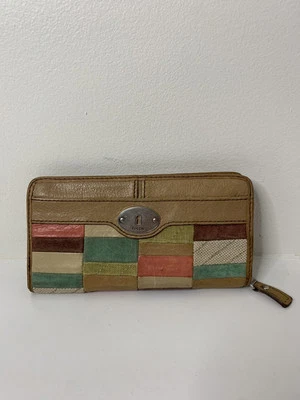 Cartera sin asas vintage de retazos de cuero y gamuza multicolor tostado fósil Foto 1 de 4