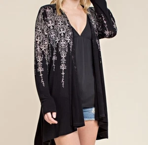 Vocal Cardigan Womens 2XL Black Silver Embellished Y2K Front Floral Boho Sweater - Picture 1 of 19