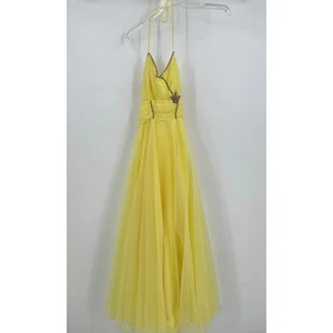 Vestido halter vintage años 70 para mujer amarillo estrás talla 5 glamuroso con cuentas graduación - Imagen 1 de 11