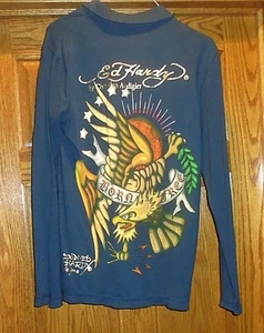 Vintage Christian Audigier Ed Hardy Langarm Polo Piqué Shirt Gr. M Navy Neu mit Etikett - Bild 1 von 7