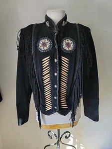 Diamond Leathers Jacket Size 10 (Small) Black Beaded Fringe Southwestern Aztec - Picture 1 of 22