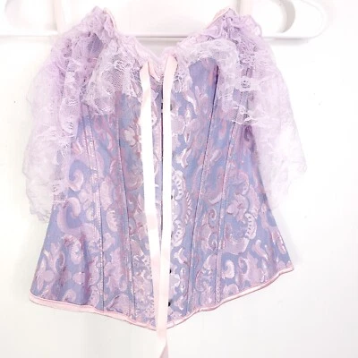 Womens Corset Small Fairy Boning Tie Back Frilly Lace Printed Coquette Princess - Image 1 of 4