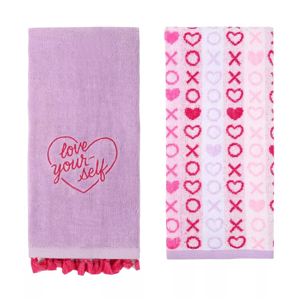Love Yourself Pink Hearts 💞  Lavender Hand Towels - 2 pk - Celebrate - New - Image 1 of 1