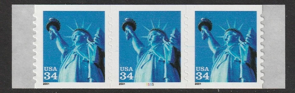 US Scott 3477 34c Statue of Liberty PNC strip of 3, plate # 5555 - Image 1 of 1