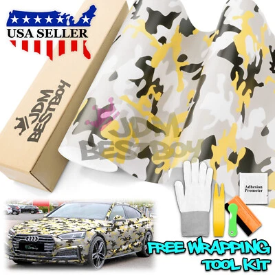 Premium Amarillo Negro Blanco Gris Camuflaje Desierto Vinilo Adhesivo Envoltura Calcomanía Hoja Foto 1 de 4