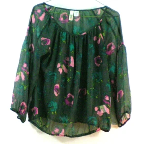 Route 66 Blouse Small Sheer Womans top boho peasant hippie style black floral S - Picture 1 of 6