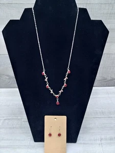 18" Halskette silberfarben rot/rotbraun Rosen & rote Edelsteine & passende Ohrringe. - Bild 1 von 11