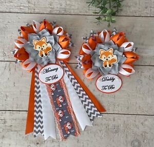 Fox baby shower corsage set/ Fox Mommy to be corsage set/Orange fox baby corsage