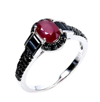 925Silber Ring Gr54 Edelsteine Echt Rubin und Spinnel schwarz 14k Weiß Vergoldun - Bild 1 von 4