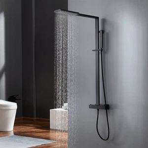 Sistema de ducha de lluvia termostático expuesto negro mate con ducha de mano - Imagen 1 de 13