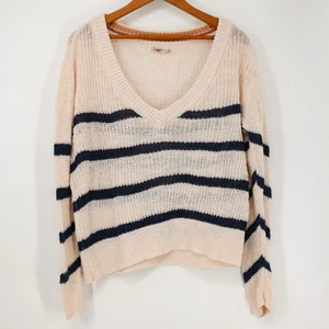 Faherty Sweater Womens M Miramar V Neck Linen Cotton Blue Cream Striped Nautical - Picture 1 of 9