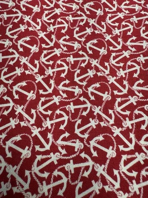 1.5 Yds White Anchors & Rope On Red Faye Burgos Big. Marcus Brothers Tex Fabric  - Image 1 of 4