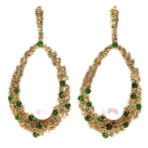 925 Sterling Silver 11 MM. White Pearl, Chrome Diopside & Peridot Earrings - Picture 1 of 4