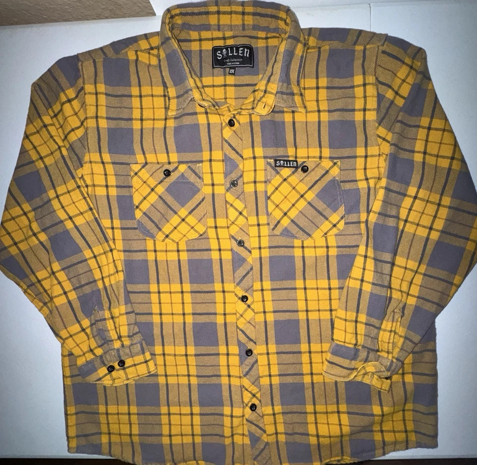Camisa de franela Sullen Art Collective para hombre 2XL amarillo gris tatuaje peso pesado Foto 1 de 4