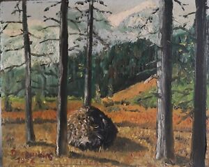 Tableau ancien huile sur panneau bois. Paysage forêt montagne arbres. 1974.