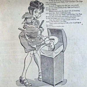 Hefty Trash Bags Ad Cartoon 1972 Housewife Dumping Trash Coupon 14.5 x 9.75 in - Picture 1 of 4