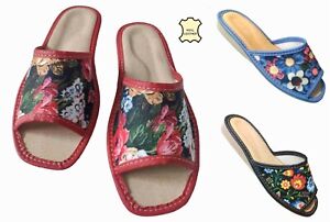 Floral Women's Slippers Real Leather Insole Open Toe Slip On Mule/Indoor Sandals