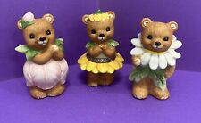 Set Of 3 Vintage Homco #8768 Flower Bears Figurines Tulip, Daisy, Sunflower