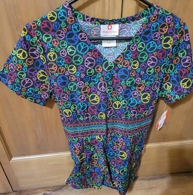 NWT - WHITE CROSS BRAND SCRUB TOP BLACK W/ COLORFUL PEACE SIGNS IN SZ - XS - Image 1 of 4