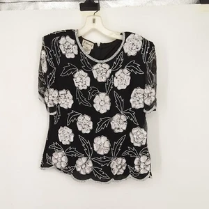 Vintage Stenay black silk blouse, White sequins, White beads XL, elegant granny - Picture 1 of 11