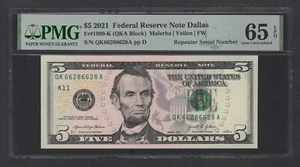 United States- 5 Dollars 2021 Fr#1999-K (QKA Block) "Repeater S/N" UNC Grade 65 - Picture 1 of 2