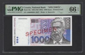 Croatia 1000 Kuna 1993 (ND 1994) P35s "Specimen" Uncirculated Grade 66 Top Pop - Picture 1 of 2