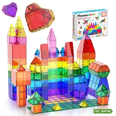 PicassoTiles 60 Piece Set 60pcs Magnet Building Tiles Clear Magnetic 3D Bloc - Image 1 of 4