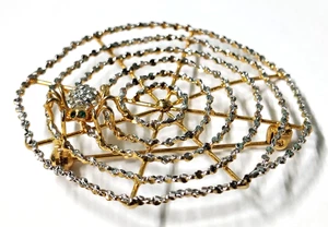 Vintage Big Spun Spider Web Green Rhinestone Silver Gold Tone Brooch Pin - Picture 1 of 5