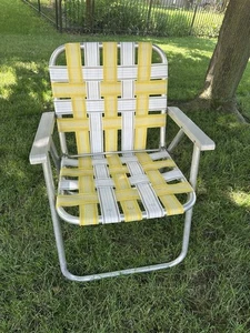 Vintage Aluminum Folding Chair Beach Lawn Patio Webbed - Yellow And White VTG - Picture 1 of 10