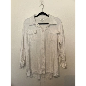 Umgee USA Damen Leinen Shirt Größe M Beige Langarm Ausgefranster Saum Boho Freizeit - Bild 1 von 5