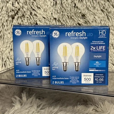 2 Boxes GE Refresh LED (4) Light Bulbs 60 Watt Eqv HD Daylight A15 Ceiling Fan - Image 1 of 4