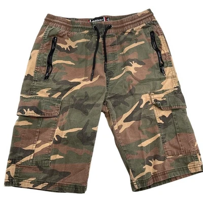 Pantalones Cortos Akademiks Hombres M Verde Camuflaje Carga Cordón Desgarro Algodón Elástico Foto 1 de 4