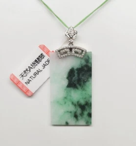 Certified green Rectangle Jade Pendant+Silver Hook Natural Burma Jadeite 辣绿翡翠无事牌 - Picture 1 of 15