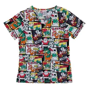 Rudolph The Red Nosed Reindeer Womens Comic Strip Christmas Holiday Scrub Top - Picture 1 of 1